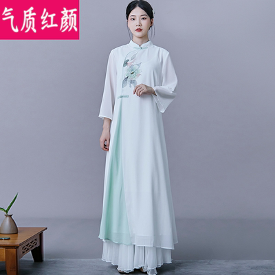 春夏仙气茶服禅服女中国风民族古风禅意旗袍改良汉服连衣裙两件套