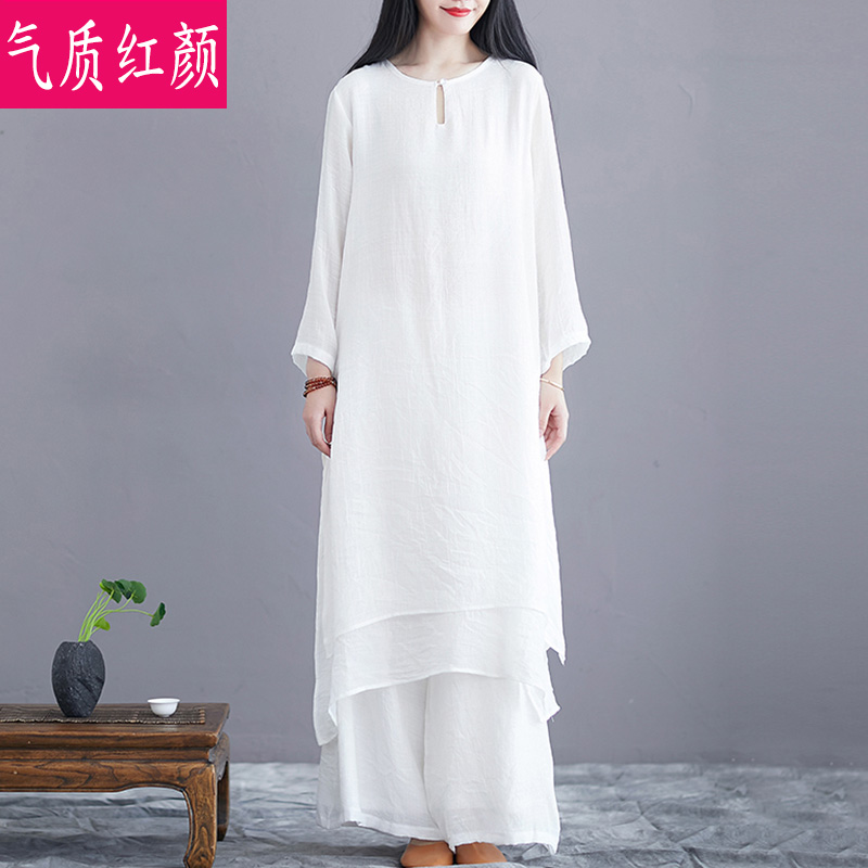 茶服棉麻复古汉服连衣裙两件套