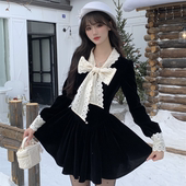 复古法式 越韩小鱼 松露黑巧 小香黑色丝绒连衣裙女蕾丝拼接公主裙