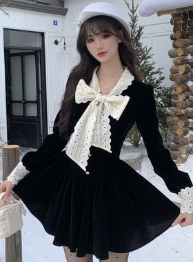 越韩小鱼 松露黑巧 复古法式小香黑色丝绒连衣裙女蕾丝拼接公主裙