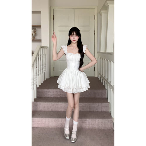 越韩小鱼Musefish 白月暮光 法式甜美花苞连衣裙收腰蓬蓬小白裙女