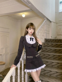 越韩小鱼 清纯校花miu系连衣裙绸缎感假两件衬衣呢子钉钻千金裙秋