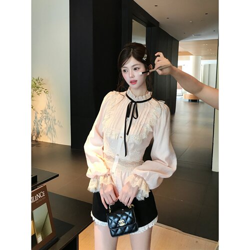 越韩小鱼Musefish 赫拉小姐 蕾丝花边撞色系带衬衣花边短裤套装女