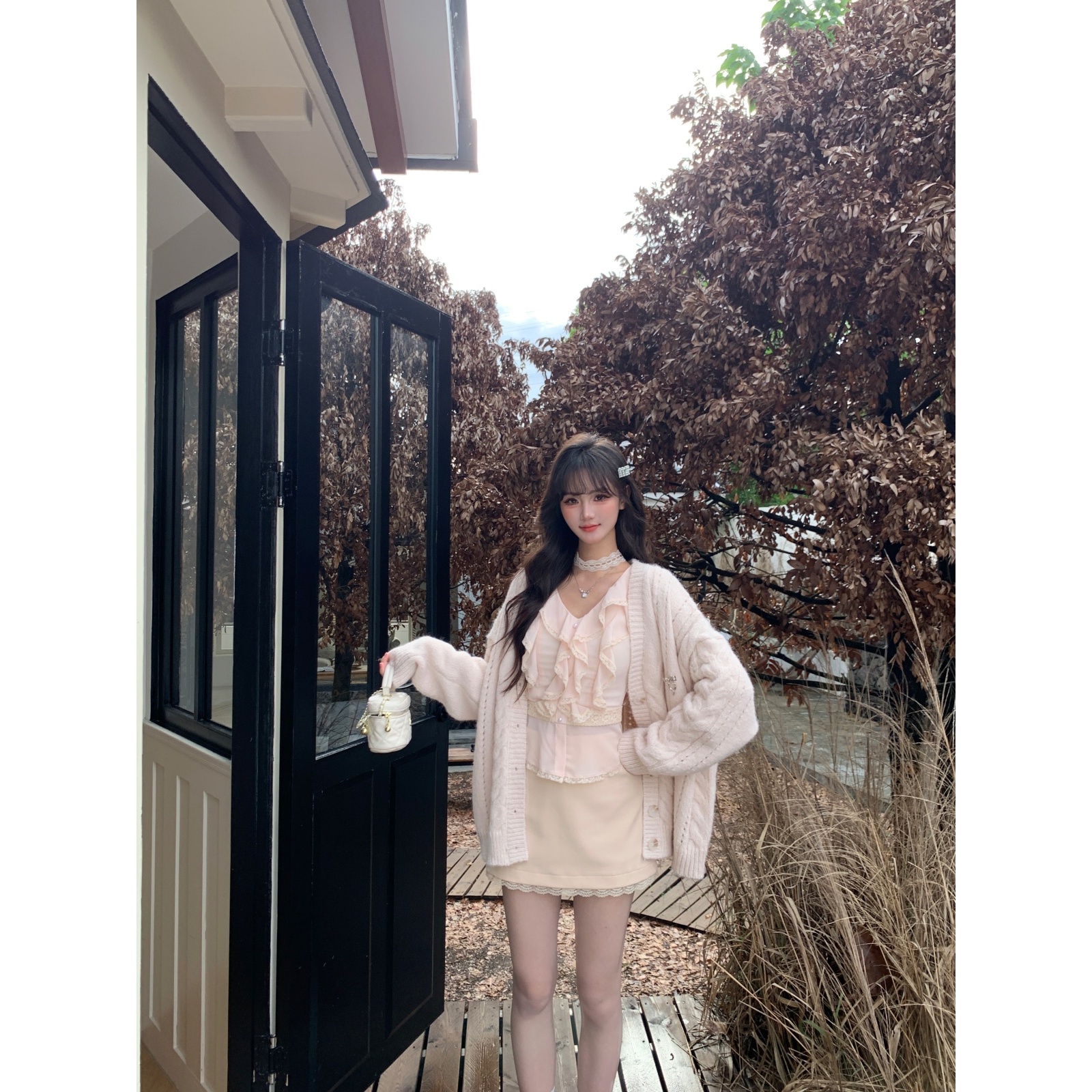 越韩小鱼 杏粉毛衣开衫软糯百搭温柔宽松慵懒麻花针织外套女秋冬