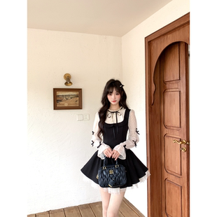越韩小鱼 赫曼千金 假两件法式连衣裙波点蝴蝶结蓬蓬小黑裙女秋季