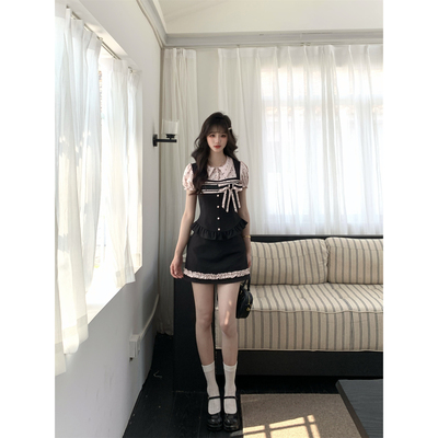 越韩小鱼 贝蒂小姐 法式miu系千金黑粉拼色波点上衣高腰半裙套装