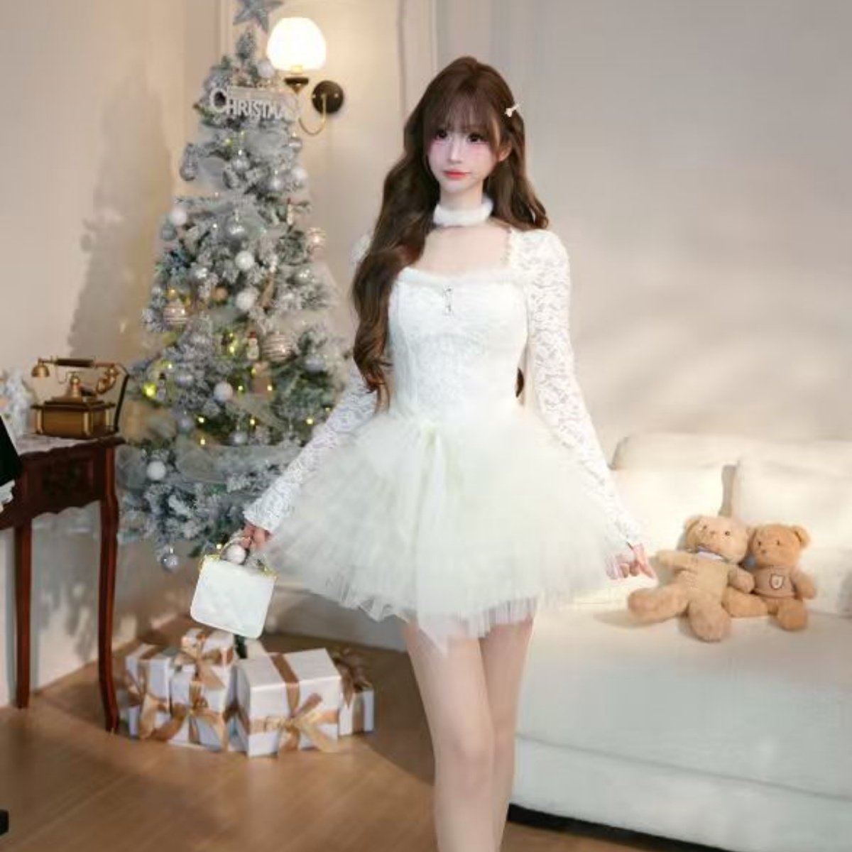 越韩小鱼 奶油雪霜 收腰显瘦小众设计感纯欲风蕾丝拼接连衣裙,女装/女士精品,礼服/晚装,淘宝优惠券,粉丝福利购,淘宝优惠卷