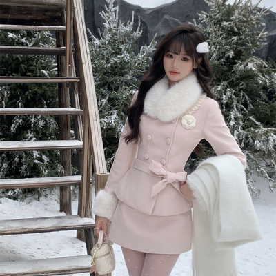 越韩小鱼 矜贵千金 法式高级感套装春秋毛绒拼接毛呢外套半身裙女