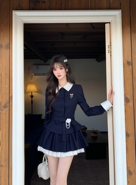 越韩小鱼 织光少女 富家千金收腰外套重工高腰百褶半裙法式套装女