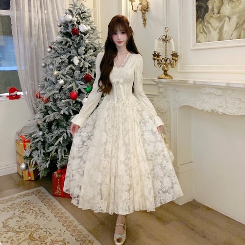 越韩小鱼 天使之翼长裙绒里 法式纯欲蕾丝连衣裙收腰千金风女秋