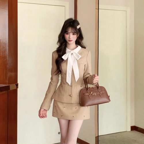 越韩小鱼 古堡千金 小香风外套气质千金重工连衣裙法式两件套装女