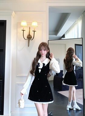 越韩小鱼 莉芙千金 法式甜美气质丝绒连衣裙假两件拼接黑色短裙女