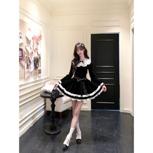 黑色丝绒连衣裙镂空蕾丝领口公主蓬蓬裙 法式 越韩小鱼 赫本千金