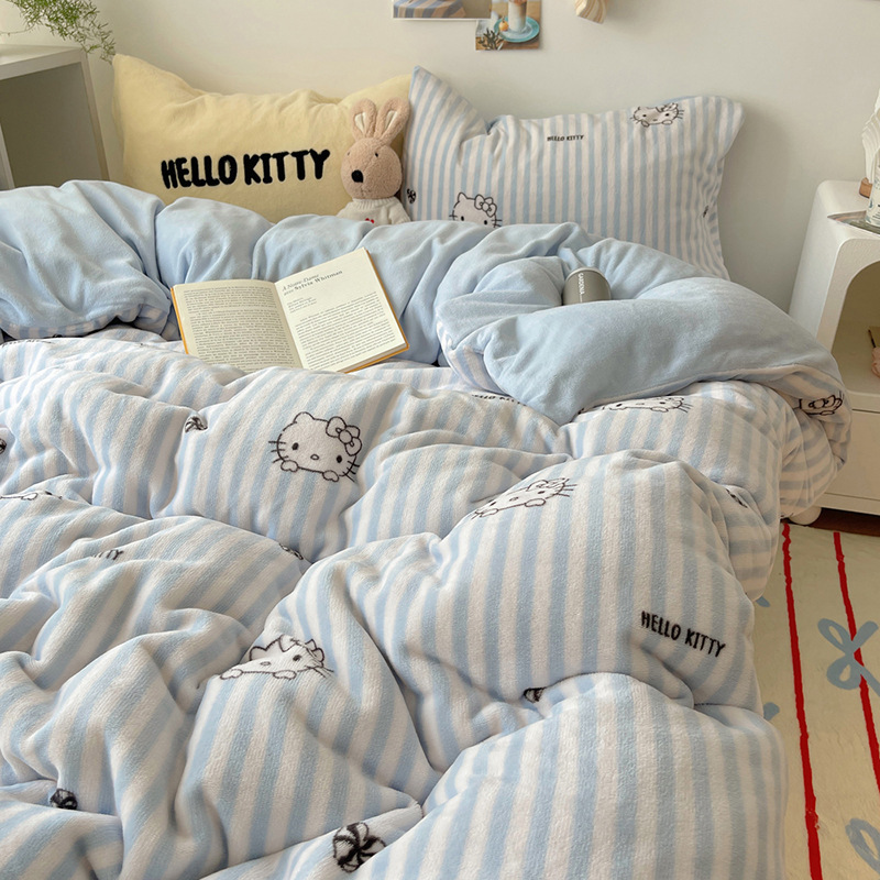 可爱hellokitty双面牛奶绒四件套卡通被套凯蒂猫保暖珊瑚绒三件套