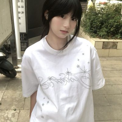美式创意刺绣银线星星字母短袖t恤女夏新款爆款重磅正肩白色上衣