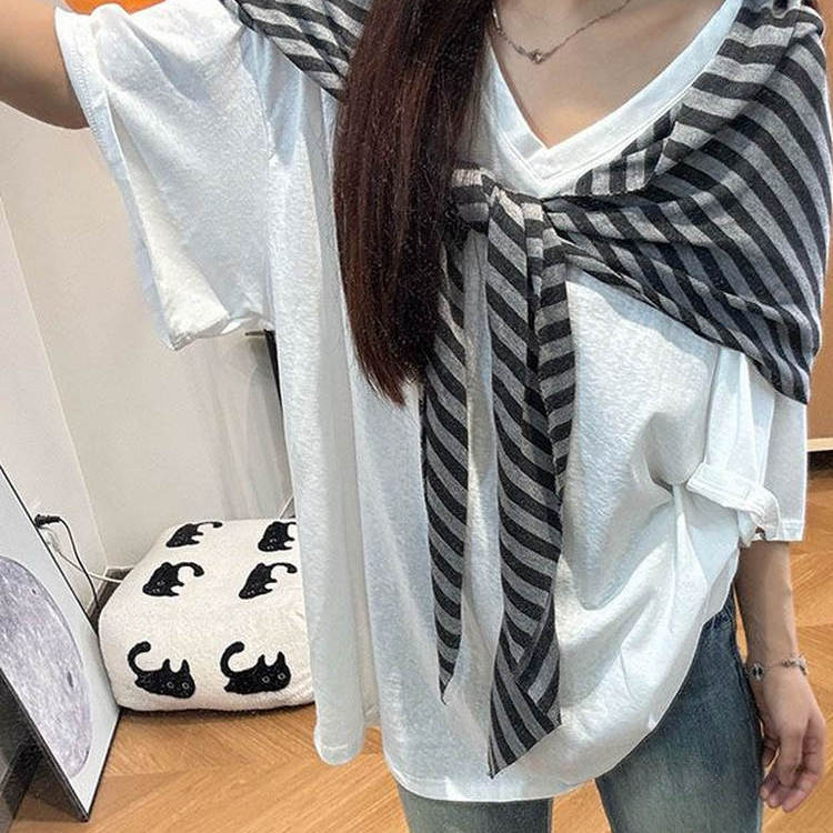 白色v领拼接条纹披肩雪花棉短袖t恤女夏半袖韩系学院风松弛感上衣