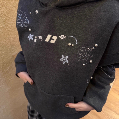 水母海星刺绣钉珠重磅连帽卫衣女秋冬新款加绒加厚高级感情侣上衣
