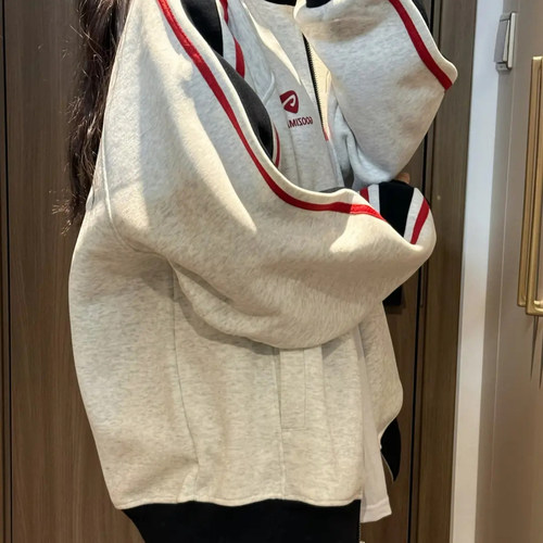 美式撞色条纹插肩设计感棒球服立领外套女秋冬加绒夹克慵懒风卫衣