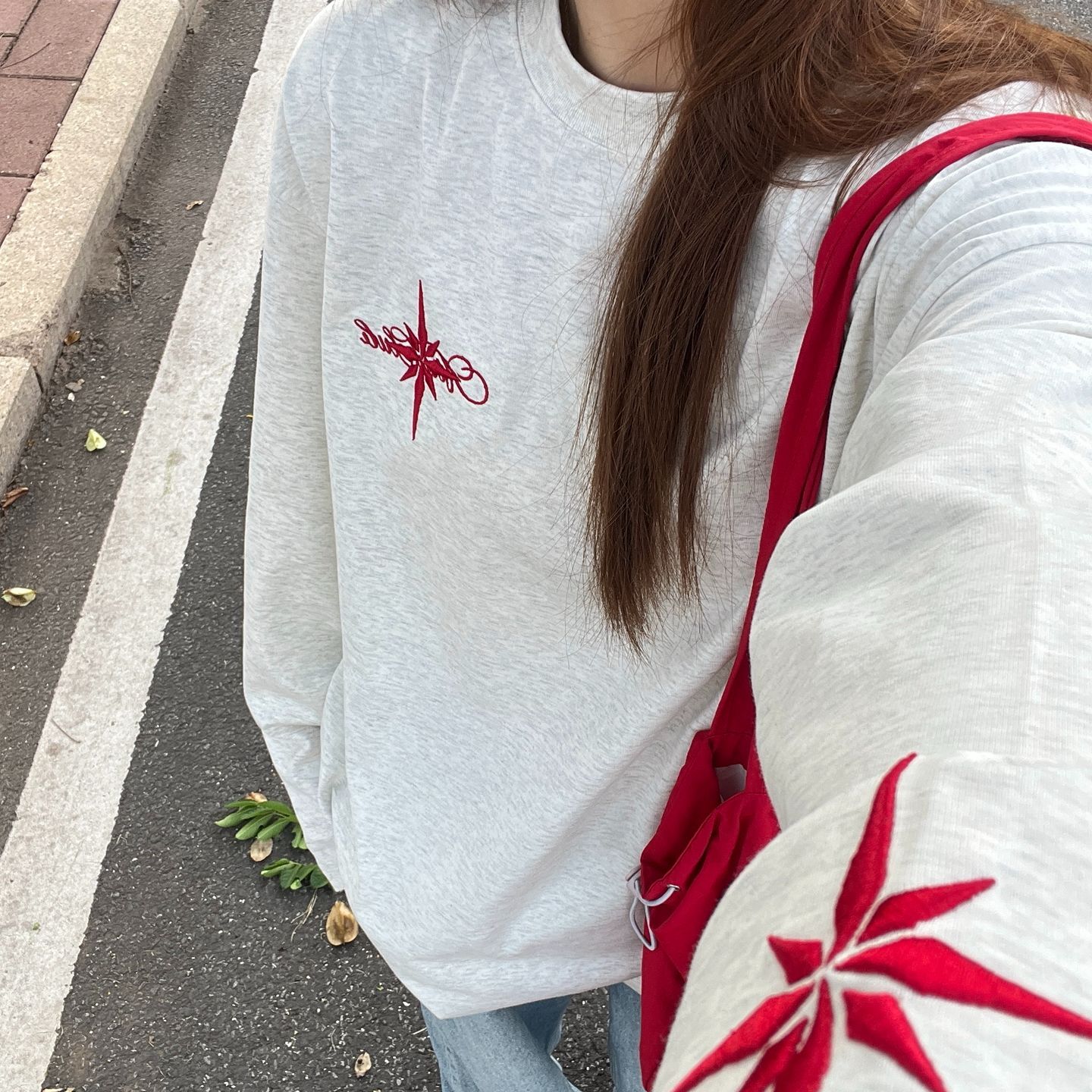 国潮牌北极星刺绣美式高街长袖t恤女秋2025新款宽松小众情侣上衣