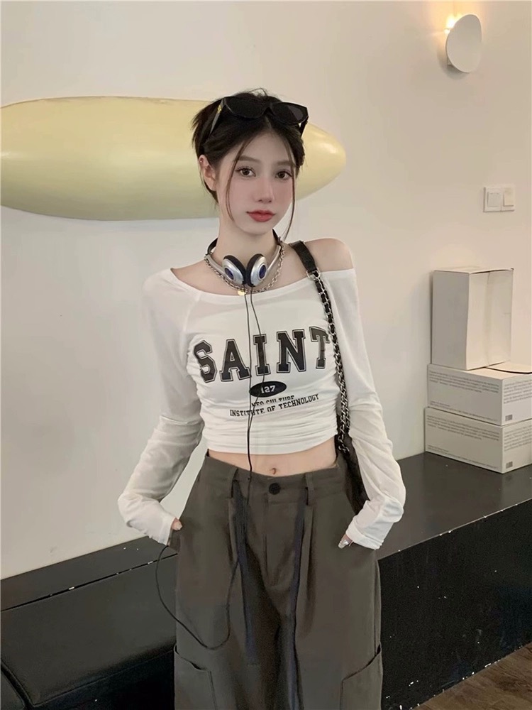 欧美式辣妹一字肩长袖T恤女春百搭薄款防晒罩衫纯欲修身短款上衣