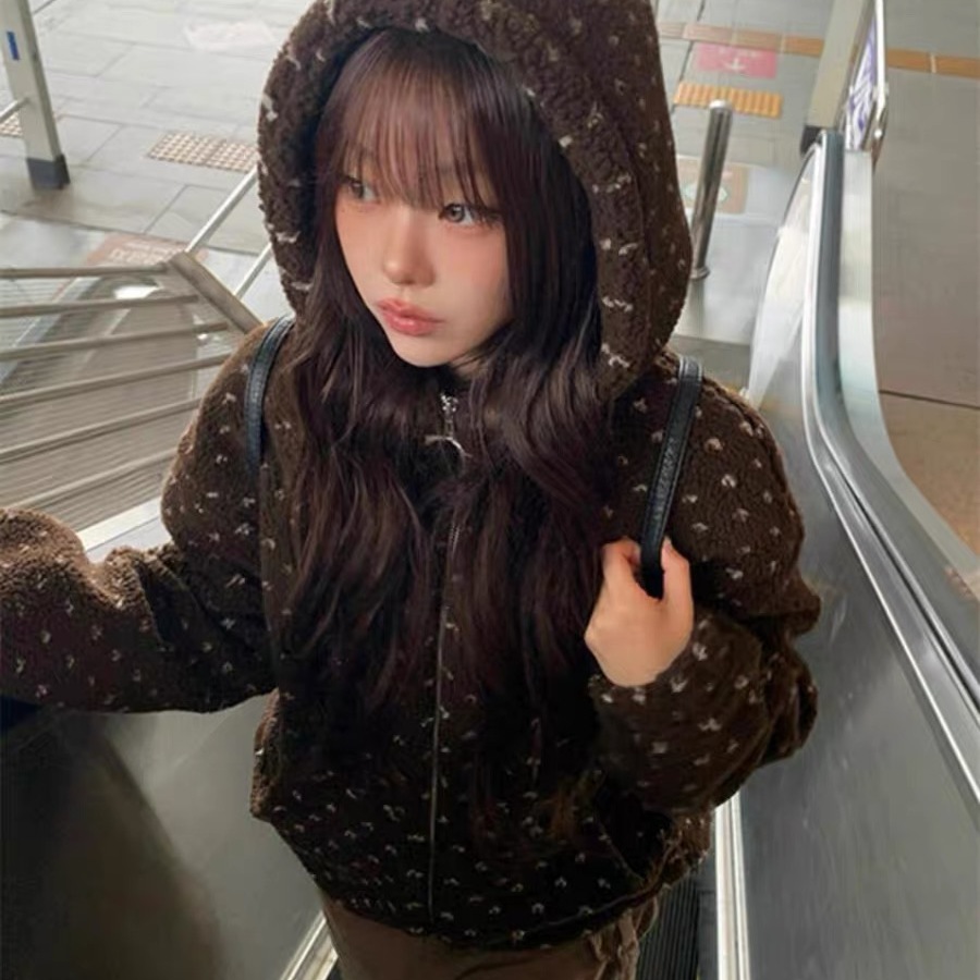 羊羔毛绒绒爱心波点连帽外套女秋冬加厚保暖棉衣韩系复古咖色棉袄