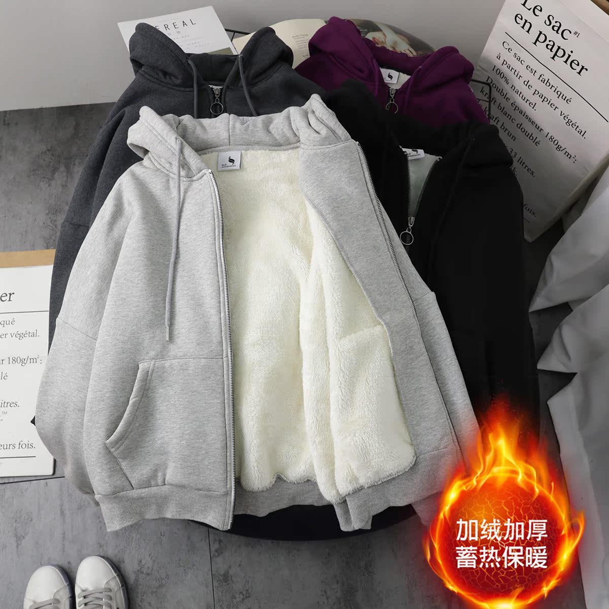 羊羔绒加绒加厚连帽卫衣女冬季