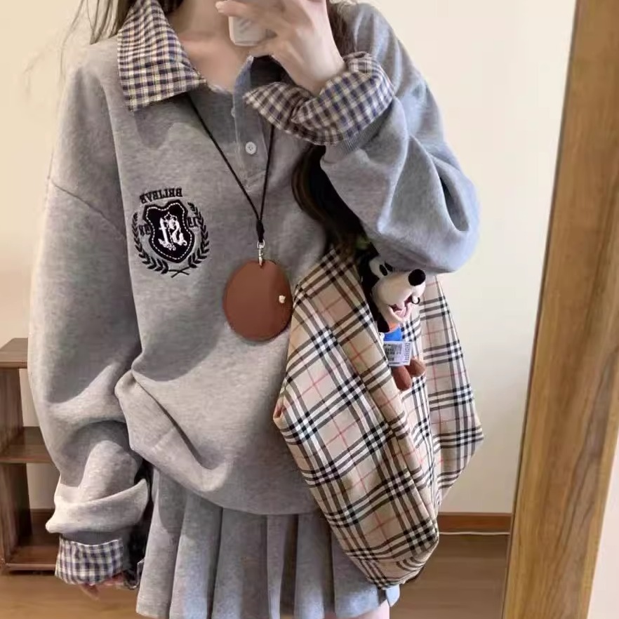 假两件格纹拼接polo领刺绣卫衣女春秋新款韩系慵懒chic学院风上衣