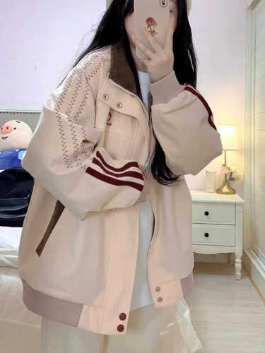 超好看粉色独特设计感棒球服小众