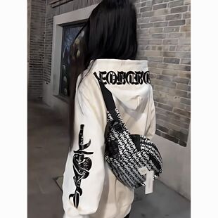 美式高街潮牌小众白色连帽卫衣女春秋oversize暗黑系冷酷情侣上衣