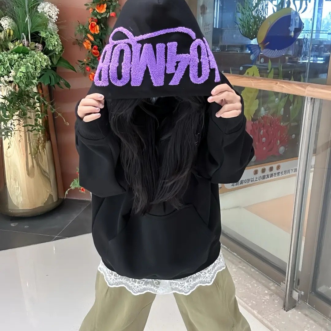 国潮牌毛巾绣字母帽子黑色卫衣女秋冬天加绒加厚宽松小众独特上衣