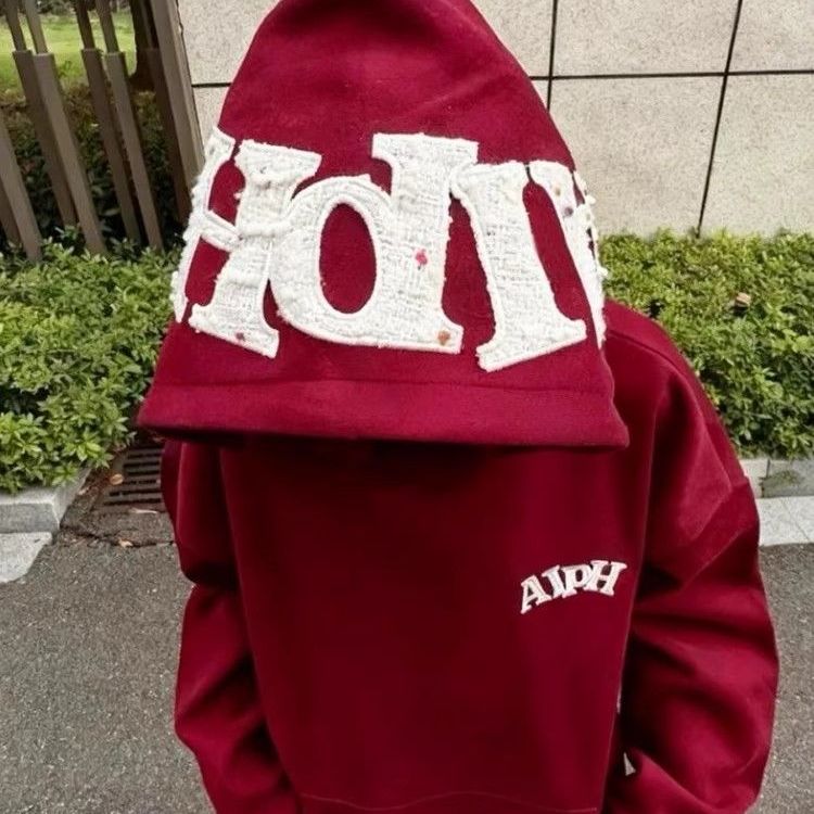 美式街头酒红色帽子刺绣字母卫衣女秋冬加绒加厚情侣重磅连帽上衣