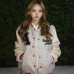 美式复古撞色毛呢棒球服女秋冬加厚夹棉潮牌韩系慵懒休闲夹克外套