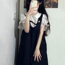 韩系复古娃娃领短袖衬衫假两件背带裙女夏甜美学院风设计感连衣裙