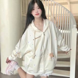 连帽卫衣女春秋冬加绒慵懒风拉链外套 国潮牌可爱毛绒小熊波点开衫