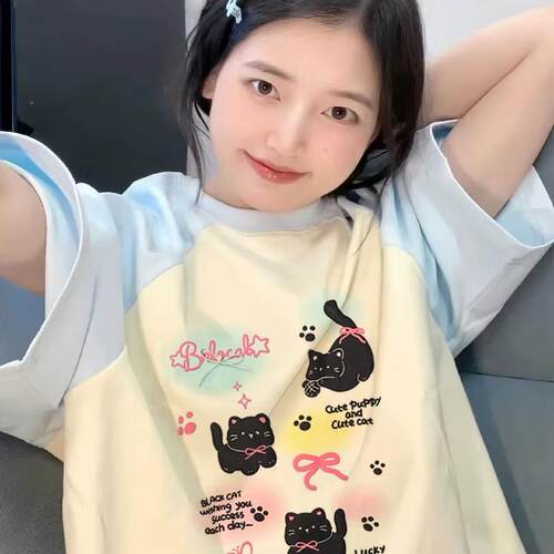 奶蓝拼接杏色美式卡通短袖T恤女夏重磅纯棉初高中生大童半袖上衣