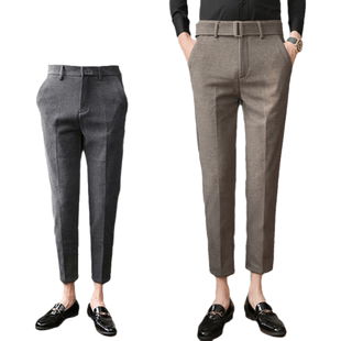 裤子男士冬季加厚西裤商务九分裤加绒修身八分裤矮个子毛呢休闲裤