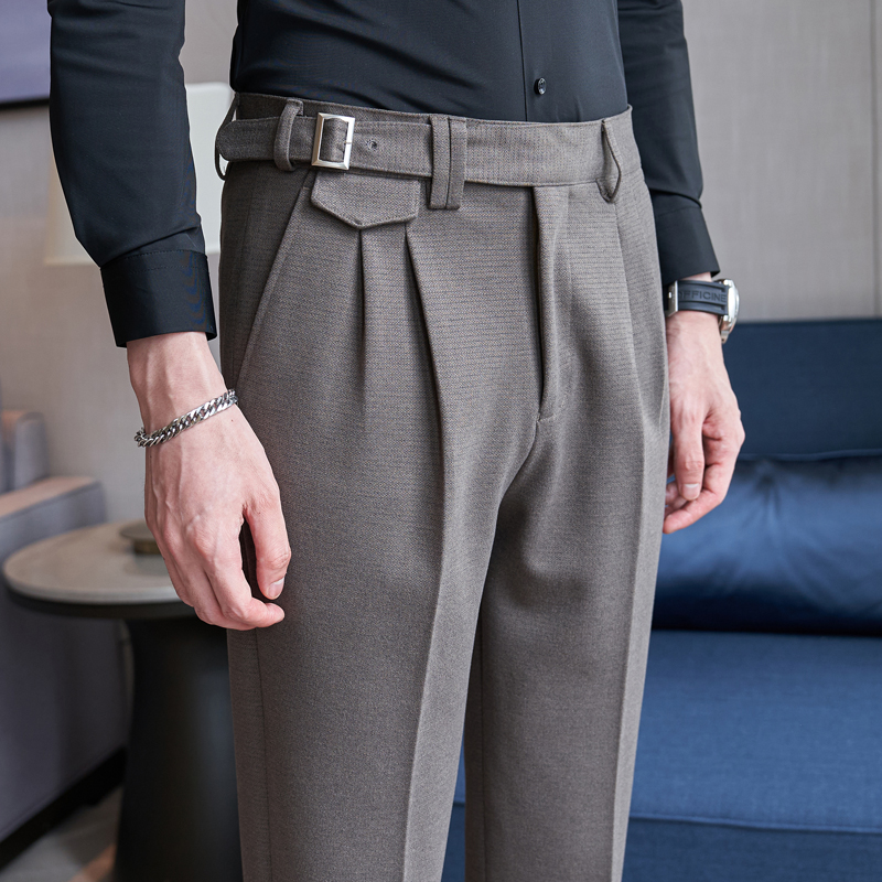 高腰毛呢裤子男士秋冬季保暖磨毛呢子冬款商务西裤修身弹力休闲裤