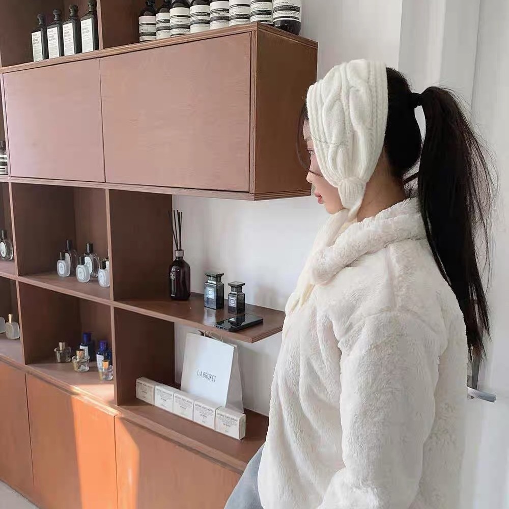 出口韩国ins网红同款护耳纯色简约麻花针织长带子保暖冬耳套耳暖