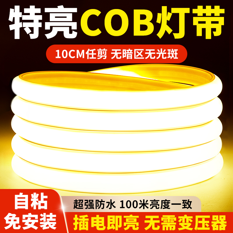 led灯带户外防水灯条COB线形灯客厅自粘220v超亮室外亮化硅胶灯带