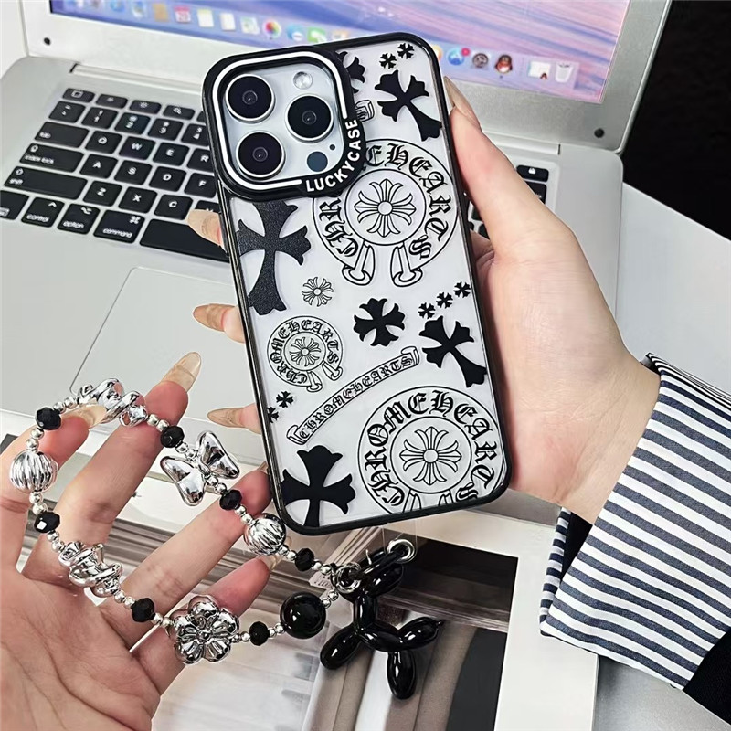 潮牌花纹十字架16pro适用苹果15ProMax手机壳iPhone14银珠链13亚克力