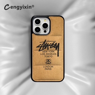 潮牌斯图西17适用苹果16ProMax手机壳iPhone15充棉羽绒服14/13/12/11三星S22/23/24/25