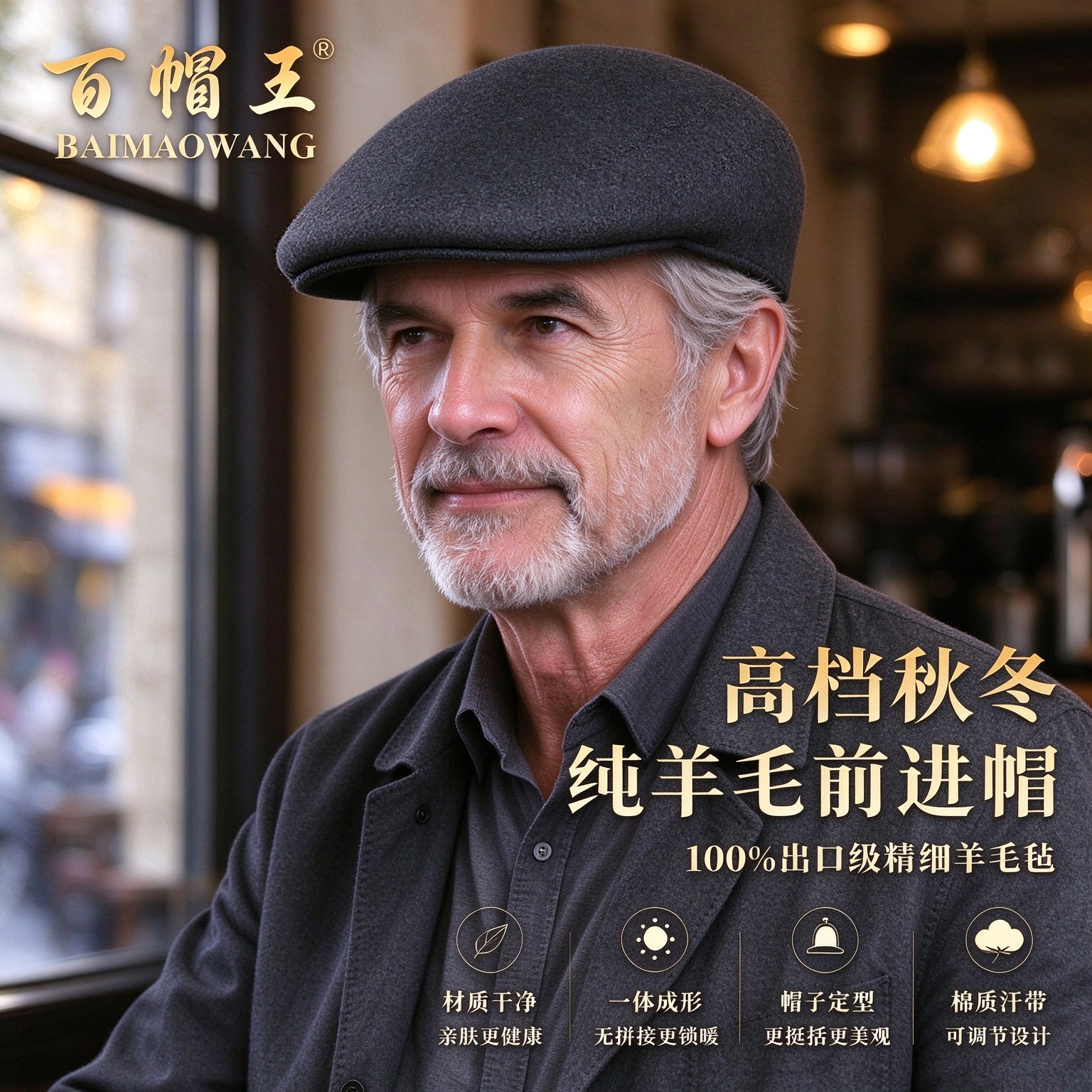 高档一级精细新款秋冬纯羊毛毡鸭舌帽秋冬前进帽中老年帽男士帽子