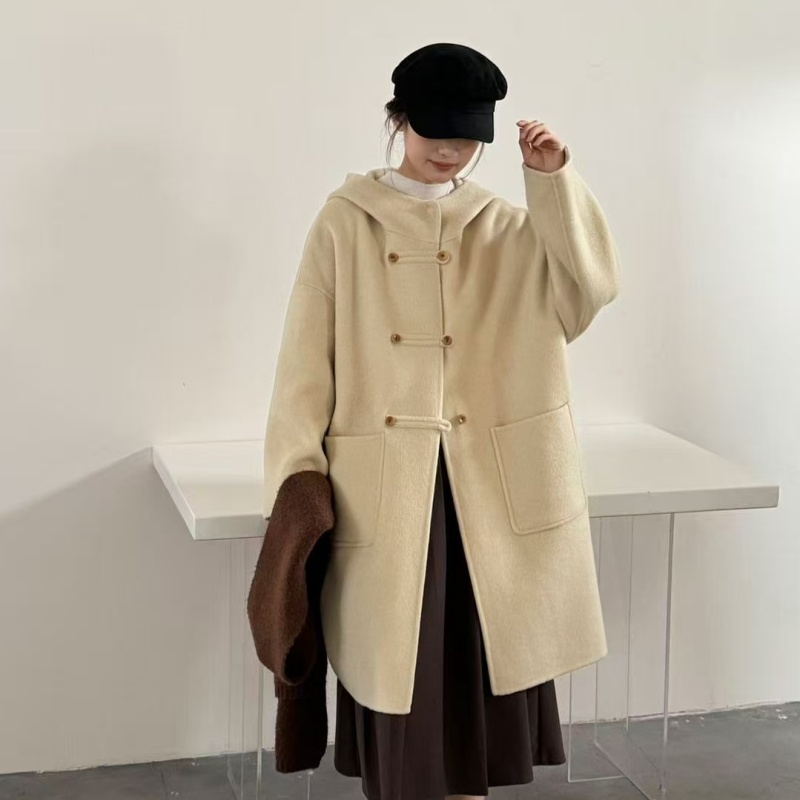 连帽中长款双面羊绒大衣女小个子