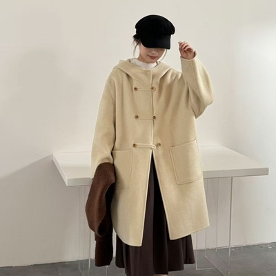连帽中长款双面羊绒大衣女小个子