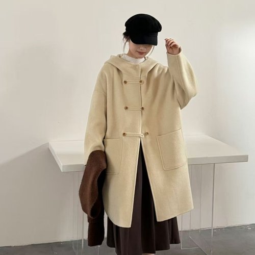 连帽中长款双面羊绒大衣女小个子