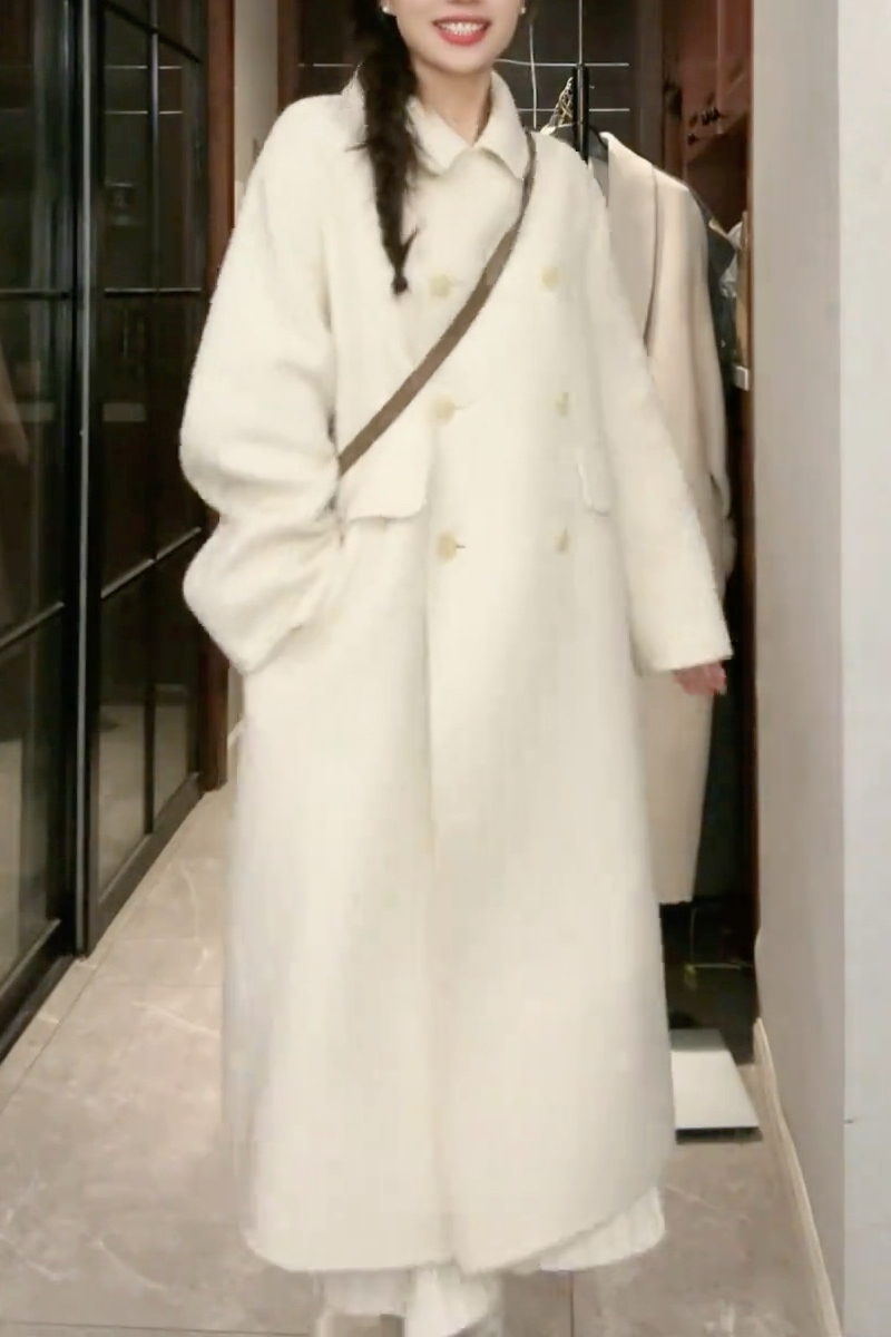 韩版双面羊绒大衣双排扣中长款