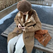 牛角扣连帽双面羊毛大衣女中长款 2025秋冬新款 宽松格子羊毛呢外套