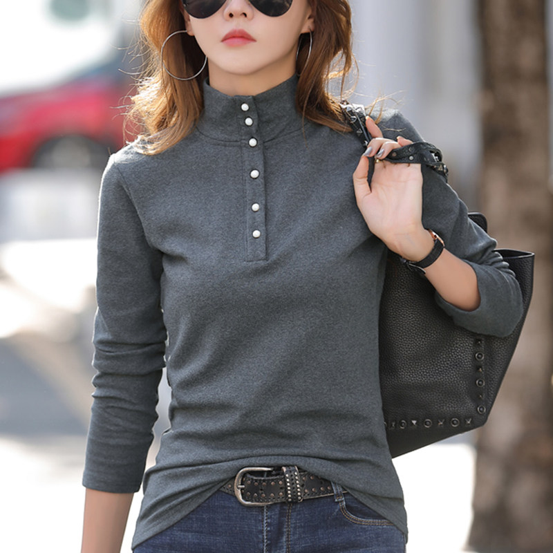 灰色纯棉半高立领t恤女长袖半开翻领打底体恤衫修身显瘦内搭上衣