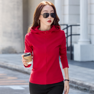 红色连帽卫衣女长袖修身显瘦有带帽T恤打底纯棉上衣春秋季