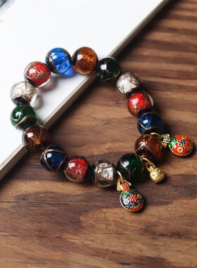 香灰琉璃手串十全十美吞金兽手链古法多宝情侣文玩佛珠景泰蓝手链